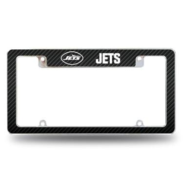 Imagem de Rico Industries NFL Football New York Jets Design de fibra de carbono com logotipo de capacete 30,5 cm x 15,2 cm cromado em toda a moldura de placa de licença automotiva para carro/caminhão/SUV