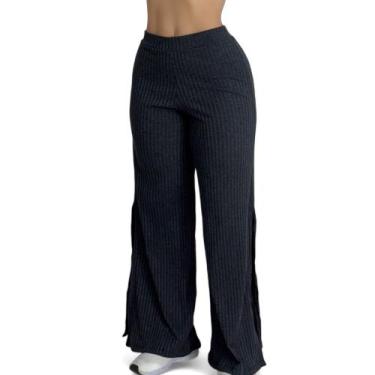 Imagem de Calça Feminina Wide Leg Pantalona Cintura Alta Tecido Canelado com Fen