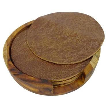 Imagem de Descanso de Copo Porta Copo em couro com suporte em Madeira - Carmisin