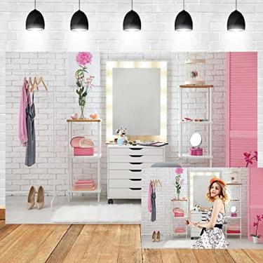 Imagem de OERJU Pano de fundo rosa de 1,8 x 1,2 m para maquiagem interior do quarto de maquiagem moderno para fotografia boudoir de meninas, penteadeira, espelho, papel de parede para quarto de meninas,