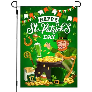 Imagem de 68LDROOTER Bandeira do dia de São Patrício bandeira casa 12 x 18 dupla face, bandeiras do dia de São Patrício com gnomos duende trevo trevo chapéu verde placas de boas-vindas para decoração ao ar