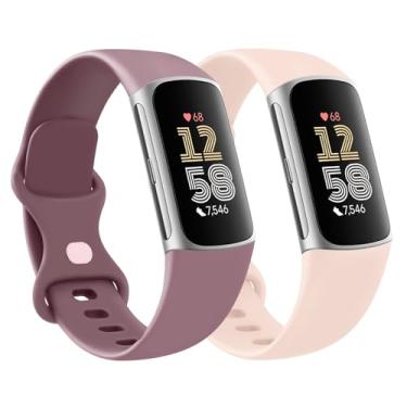 Imagem de Pacote com 2 pulseiras de silicone para Fitbit Charge 6/Fitbit Charge 5, pulseiras de substituição esportivas macias clássicas para mulheres e homens (rosa + roxo fumo, grande)