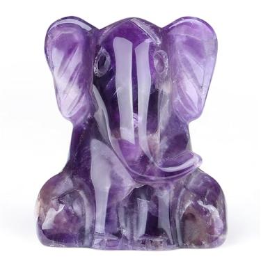 Imagem de YATOJUZI Estátua de elefante de ametista de 5 cm, presentes de elefante roxo para mulheres, esculpidos à mão, estatuetas de cristal, estátua de animal, estatueta roxa para quarto, escritório, mesa
