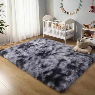 Imagem de KCHOWUA Tapete cinza escuro tingido para quarto, 12 x 18 cm, tapete macio para sala de estar, tapete felpudo grosso lavável para quarto de bebê, berçário, antiderrapante, confortável, felpudo, macio