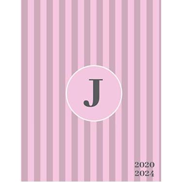 Imagem de 2020-2024: Initial Monogram Letter J Five Year Monthly Planner Organizer with 60 Months Spread View. Classic 5 Year Calendar, Agenda, Journal and Notebook - Pink & Gray Stripe