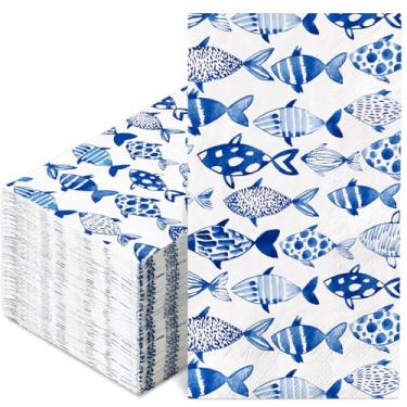 Imagem de Guardanapo de convidado de peixe do oceano azul aquarela peixe descartável guardanapo de papel decorativo jantar toalha de mão guardanapo para verão casa cozinha banheiro suprimentos de festa