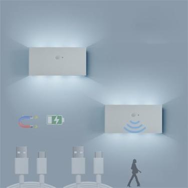 Imagem de Luminária de parede interna LED sem fio com sensor de movimento, arandelas de parede USB recarregáveis, alimentadas por bateria, iluminação noturna magnética para loft, escada, sala de estar