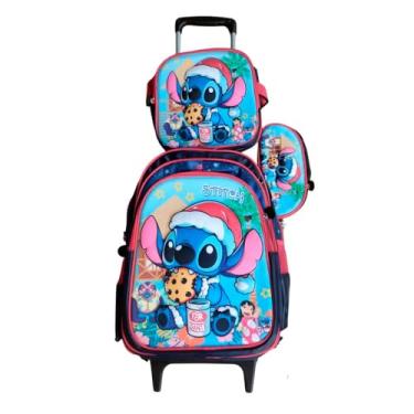 Imagem de Kit Mochila Stitch Natal Cookie 3D em Alto Relevo com Rodinhas Infantil + Lancheira Térmica + Estojo Escolar Infantil