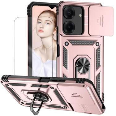 Imagem de Capa para Redmi 13C e Xiaomi Poco C65 Capinha | com 2 peças de protetor de tela temperado com janela deslizante da câmera e suporte para telefone incluídos - Rosa