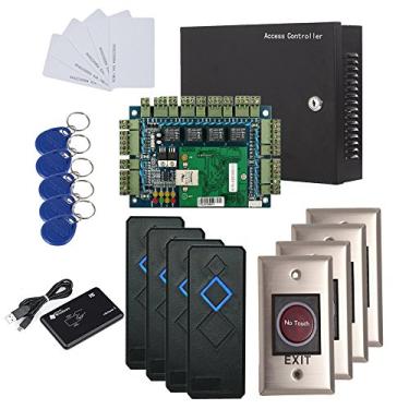 Imagem de 4 Doors IP Based Security Access Control Kit with 110V Metal Power Box RFID Reader Infrared Exit Button Desktop Enroll Reader Phone APP to Open Lock_AB