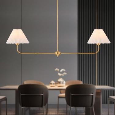Imagem de FIYUEOYI Lustre Linear Dourado, Lustre Moderno De 2 Luzes Para Sala De Jantar Luminária, Luminárias De Jantar Com Abajur De Tecido Branco Luzes Pendentes Ilha De Cozinha Para Restaurante, Sala De Es