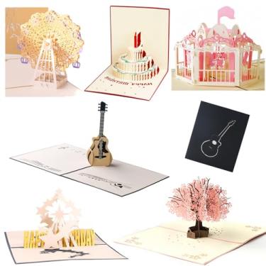 Imagem de 6 cartões 3D pop-up, cartões de aniversário, cartões de felicitações, cartões de flores, cartões de dia do professor, cartões de roda gigante, cartões de carrossel, cartões de avião, cartão de presente com corte a laser com envelopes para todas as ocasiões