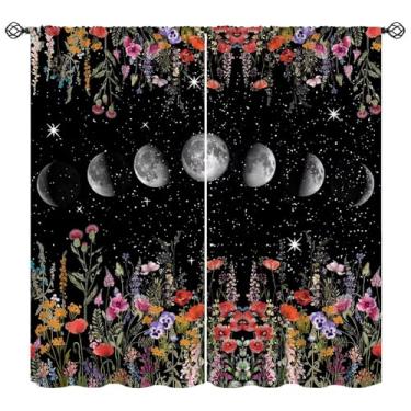 Imagem de Cortinas góticas da fase da lua, retrô, gótica, fantasia, espaço, estrelas, estampa floral, arte moderna, blackout, tratamento de janela para sala de estar, quarto, cozinha, decoração de casa,