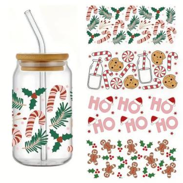 Imagem de 4 peças de chapéu de Natal Gingerbreadman UV DTF Cup Wraps adesivo de transferência à prova d'água para copos de vidro, móveis, artesanato faça você mesmo, adesivos de transferência para garrafa de
