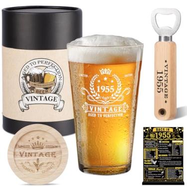 Imagem de YeohJoy Presentes de aniversário de 70 anos para homens, copo de cerveja vintage 1955, abridor de garrafa de madeira, caixa de cerveja vintage, porta-copos de madeira, cartão de felicitações e cartaz