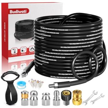 Imagem de Kit de jateador de esgoto de 3 m para lavadora de pressão, mangueira de limpeza de drenagem de alta pressão de 5800 PSI, NPT de 1/4 de polegada com 3 bicos, fita impermeável, alça de alça e 2 chaves