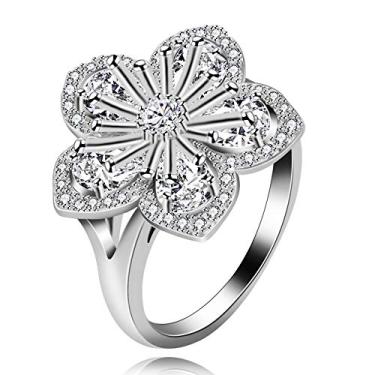 Imagem de Uloveido Anéis de flor Sakura brancos banhados a platina com zircônia cúbica corte pêra casamento flor de pêssego anel de noivado Y581, Metal, Zircônia cúbica