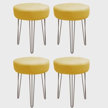 Imagem de Kit 04 Banquetas Puff Jullia Luxo 55cm Industrial Ferro Marrom Corino Amarelo - Ahazzo Móveis