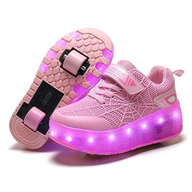 Imagem de BFOEL Tênis infantil recarregável para meninos e meninas de 6 a 14 anos com iluminação LED para brincadeiras ao ar livre, aniversário, Rosa - branco, 16