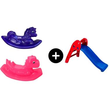 Imagem de Escorregador Baby Infantil Vermelho c/ Azul + Dino Rosa + Unicornio Roxo para a diversão de meninas e garotas legal divertido seguro