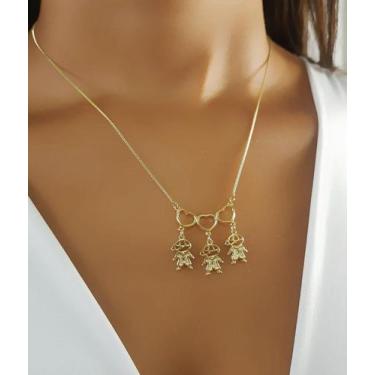 Imagem de Colar 3 Filhos Com Coração Vazado Banhado a Ouro - 3 Meninos - Lazzuli