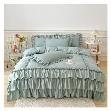 Imagem de Capa de edredom com babados, 3 peças, conjunto de cama decorativo, saia para cama de fazenda, fronhas, fecho de zíper, laços de canto fáceis de cuidar (verde, tamanho Queen, 4 peças)