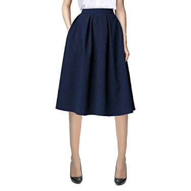 Imagem de Urban CoCo Saia midi feminina comprimento até o joelho casual trabalho 2024 outono cintura elástica linha A com bolso, Azul marinho, G