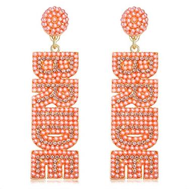 Imagem de Brincos de noiva com strass para mulheres, feito à mão, com miçangas, pingente de letra, brincos de casamento, madrinhas de casamento, presente de festa de despedida de solteira, Zinco, Sem pedras preciosas