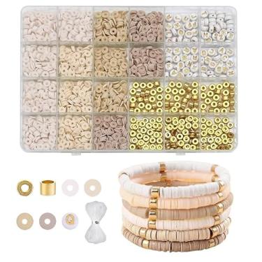 Imagem de 24 Grades 2064 peças de contas de argila macia DIY Kit de fabricação de pulseiras da amizade, com contas douradas/letras/contas espaçadoras e cordão elástico - cor bege