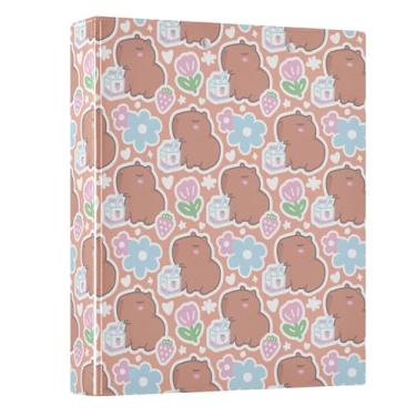 Imagem de Fichários redondos de capivara fofos, flores de 3 cm, padrão de rabisco, 3 anéis, para escritório, escola, material de trabalho, pasta de arquivos, capacidade para 200 folhas