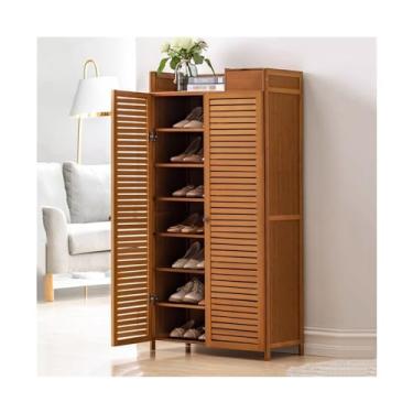 Imagem de Armário organizador de sapatos com 2 portas para entrada, armário de armazenamento de sapatos de 6/7/8 níveis, organizador de armazenamento independente de bambu para armário, armário de sapatos de