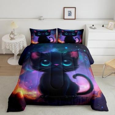 Imagem de jejeloiu Jogo de cama solteiro com estampa de gato preto, galáxia, para crianças, meninos, meninas, adolescentes, gatinho, respirável, universo, nuvem, galáxia, conjunto de edredom