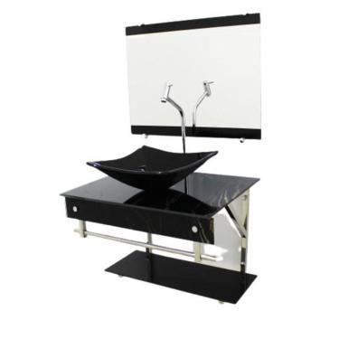 Imagem de Gabinete De Vidro 60Cm Iqx Inox Cuba Quadrada Mármore Preto