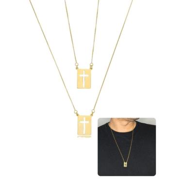 Imagem de Cordão Escapulário Masculino Feminino Dourado Cruz Vazada