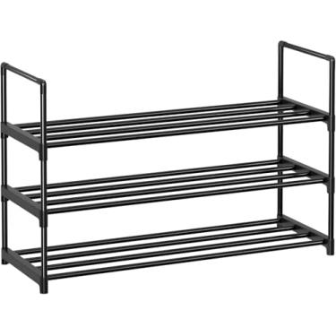 Imagem de Simple Trending Organizador de sapateira de três níveis comporta 12 a 15 pares, prateleira empilhável de armazenamento de sapatos, fácil de montar, preta