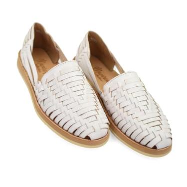 Imagem de Macarena Collection Sandálias femininas Huarache de couro colorido mexicano, sandálias planas femininas estilo 813, Branco, 36