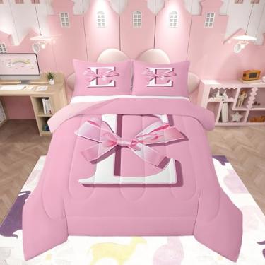 Imagem de jejeloiu Conjunto de cama com laço sonhador, presente para mulheres, adolescentes, tamanho Queen, conjunto de cama com monograma ultra macio, letra E, edredom kawaii rosa, conjunto de edredom