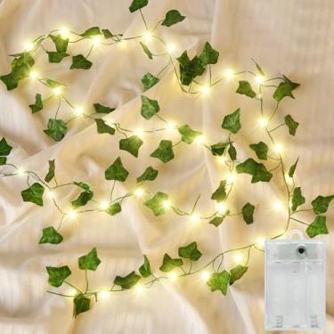Imagem de Videiras com luzes operadas por bateria, 100 luzes de LED para guirlanda de hera artificial de 100 LEDs, luz de fada de folha verde falsa para quarto, quarto, jardim de parede, festa, decoração de