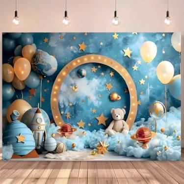 Imagem de Banner de feliz aniversário com tema espacial foguete astronauta com design de foguete de estrelas e nuvens para festas de aviação e cenários fotográficos (1,5 x 0,9 m)