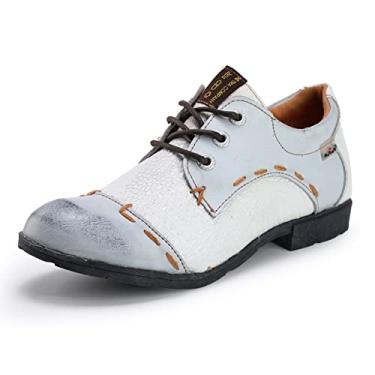 Imagem de TMA EYES & MAiA Sapatos femininos feitos à mão com costura de couro com cadarço salto baixo sapatos casuais para uso ao ar livre, Branco, 36