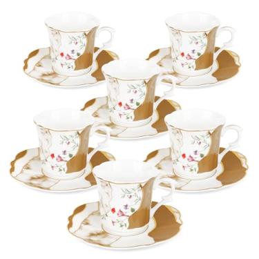 Imagem de fanquare Conjunto de 6 xícaras e pires Demitasse de 70 g, 12 peças de xícaras de café expresso de cerâmica, canecas de café expresso com padrão de mármore marrom para cafeteria em casa