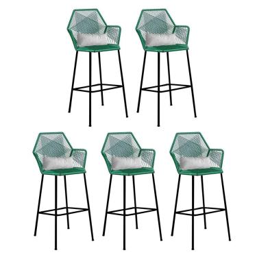 Imagem de Kit 05 Banqueta Alta Com Encosto Sttar Balcão Ferro Verde Fibra Verde Almofada Sintético Branco