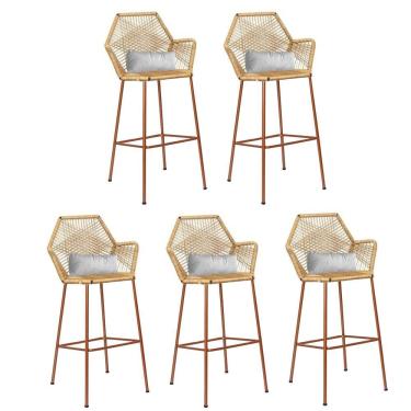 Imagem de Kit 05 Banqueta Alta Sttar Ferro Bronze Fibra Palha Almofada Corino Branco