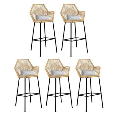 Imagem de Kit 05 Banqueta Alta Sttar Ferro Preto Fibra Palha Almofada Corino Branco