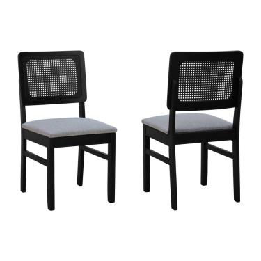 Imagem de Kit 2 Cadeiras Madeira Maciça Lyon Encosto Telinha - Preto Assento Estofado Linho Cinza Mescla Impermeável