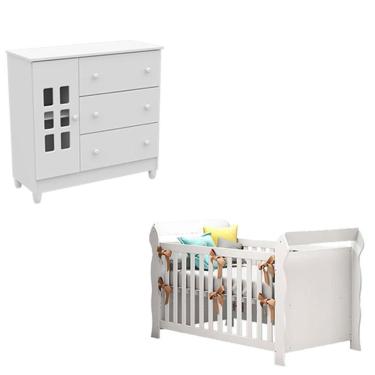 Imagem de Berço e Cômoda Infantil Lara e Mariah com 1 Porta 3 Gavetas em MDF-MDP 154 cm Branco Carolina Baby