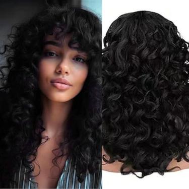 Imagem de CanLux Perucas Cacheadas Com Franja, Peruca Sintética Longa Sem Cola, 22" Preta Para Mulheres E Branca, Resistente Ao Calor (Preta, Média)