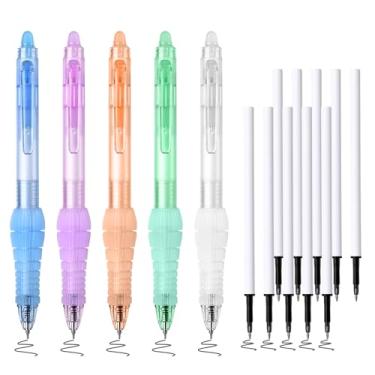Imagem de BAYTORY 5 canetas de gel apagáveis, ponta fina de 0,5 mm, caneta apagável de tinta preta com 10 recargas, canetas de escrita com aderência confortável com borrachas, para escritório, escola e material