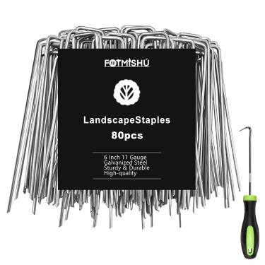Imagem de FOTMISHU Grampos de paisagem de 15 cm 80 peças de estacas de jardim, pinos de gramado galvanizados com revestimento em spray para quintal, grampos tipo U para ancoragem de barreira de ervas daninhas