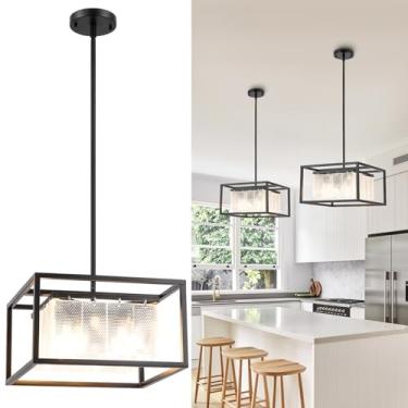 Imagem de SIONLANG Lustre Quadrado Preto Para Ilha De Cozinha, Lustres Lineares Modernos, Com Altura Ajustável Sala Jantar, Entrada, Luminária Elegante Padrão Neve (4 Luzes)